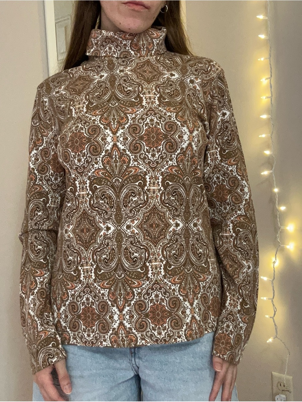 Brown, Orange, and White Paisley Print Top